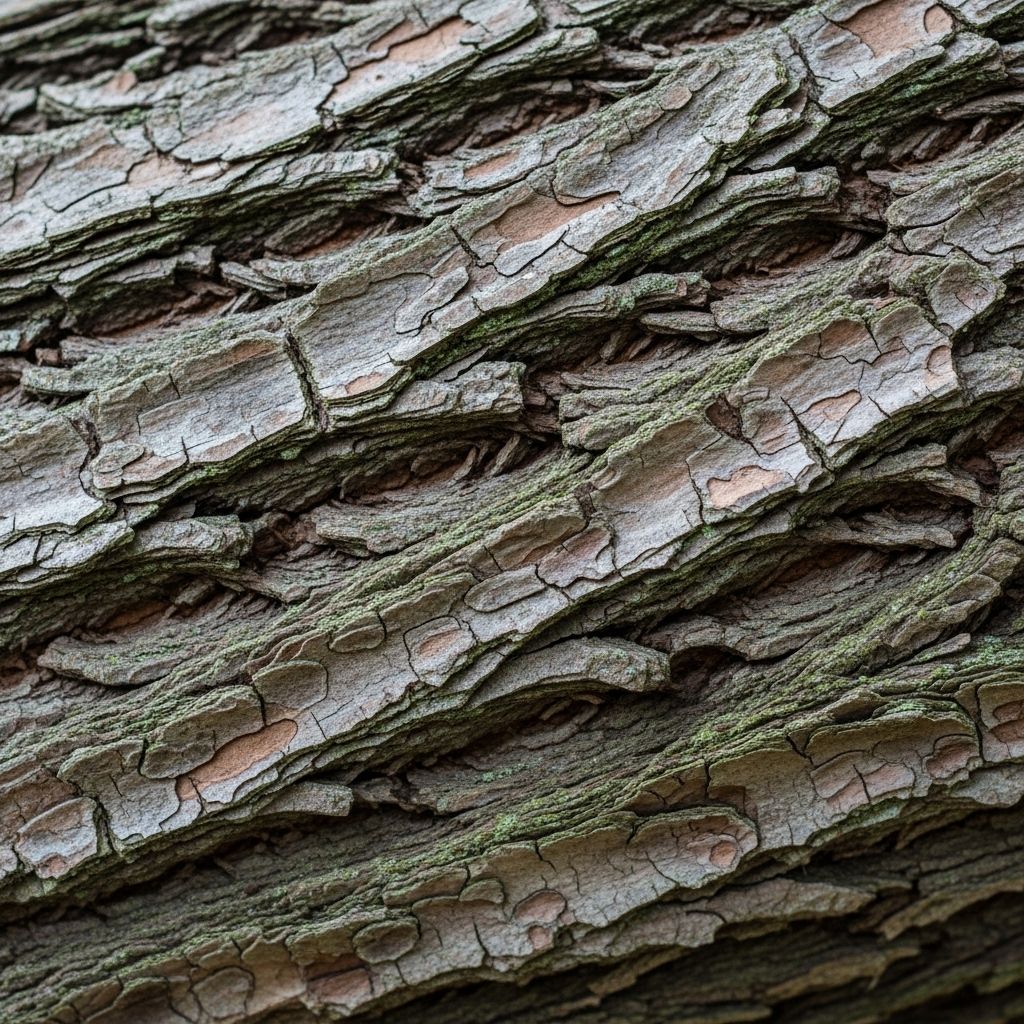 Abstrakti makrokuva luonnollisesta puukuoresta, joka kuvastaa ihon kerroksellista rakennetta ja sen muutoksia iän myötä