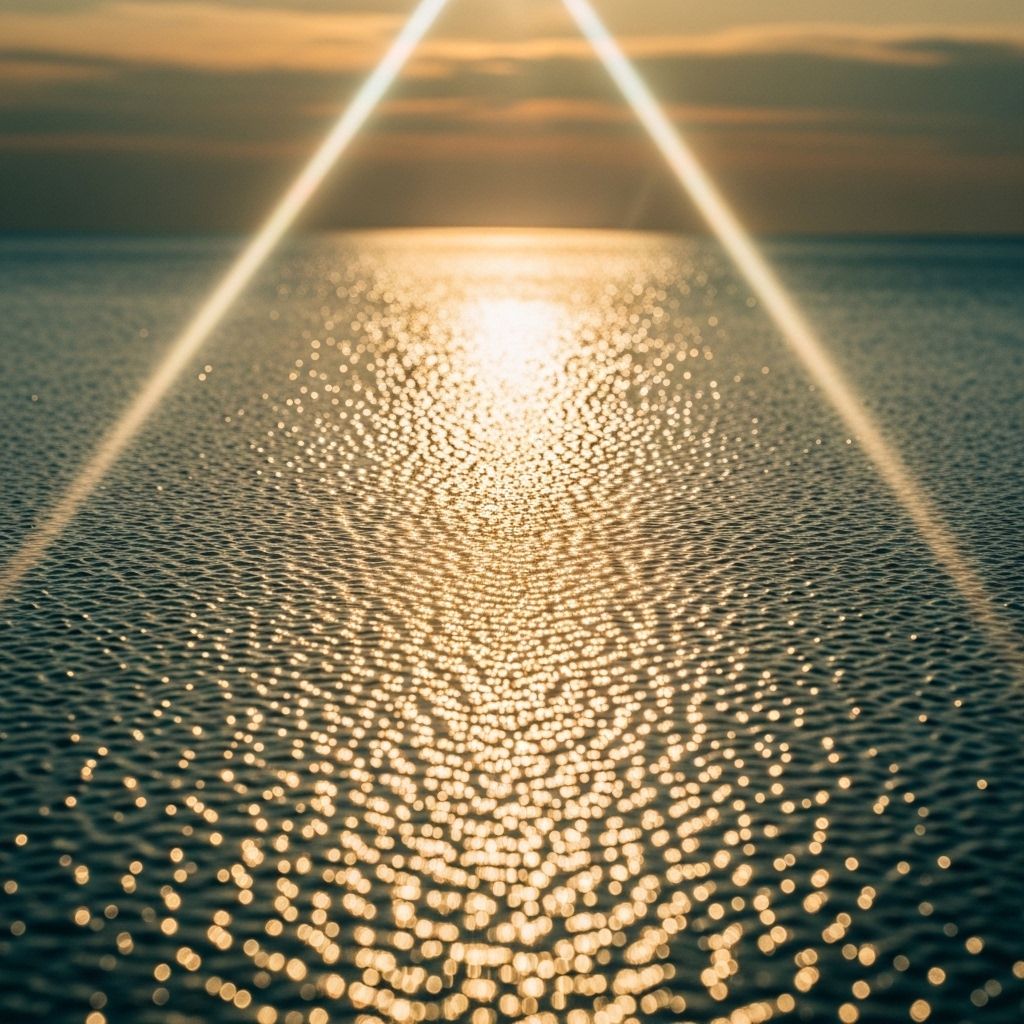 Valokuva auringon valoista heijastuvista säteilykuvioista veden pinnalla, joka symboloi UV-säteilyn vaikutusta ihon pintarakenteisiin