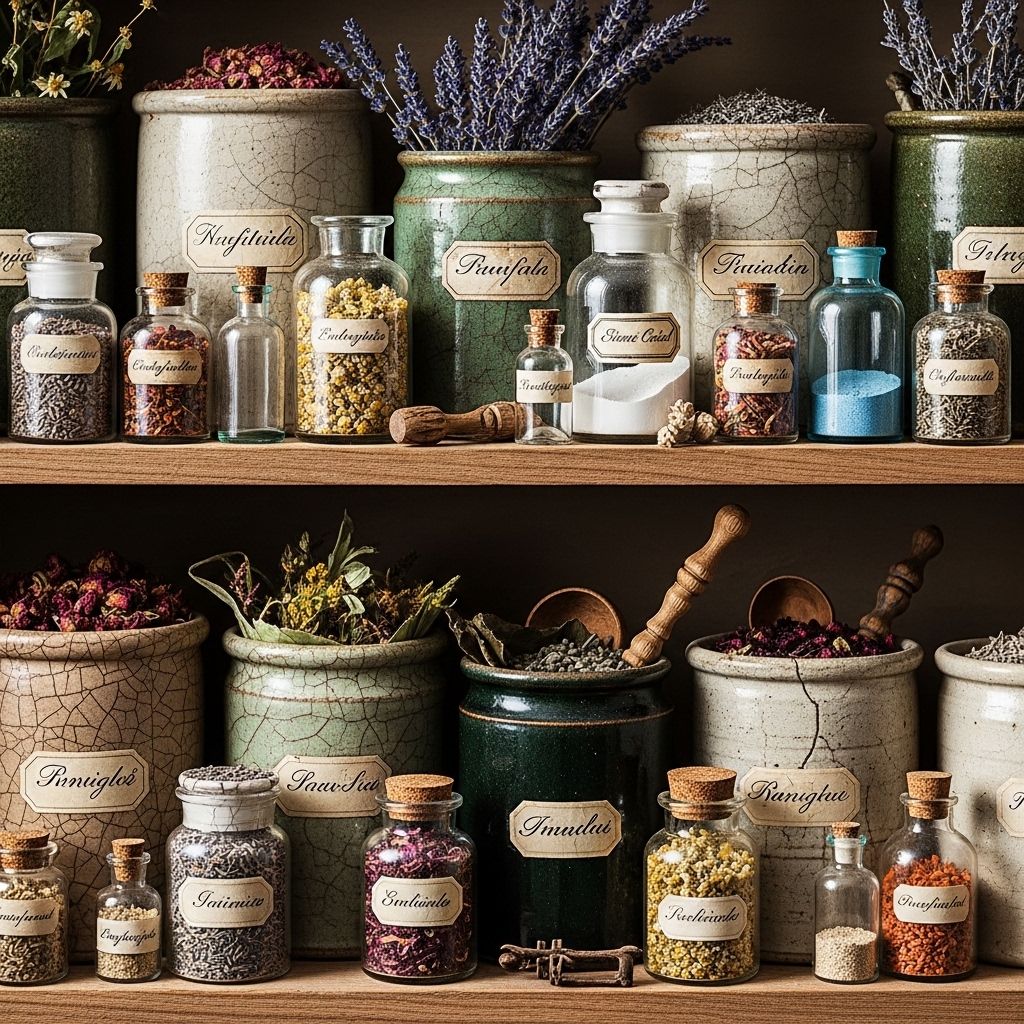 Vanhoja keramiikka- ja lasipurkkeja hyllyillä, joissa on perinteisiä luonnonyrttejä ja kasviainesosia, kuvastaa pitkää historiaa ihonhoitoaineiden käytöstä