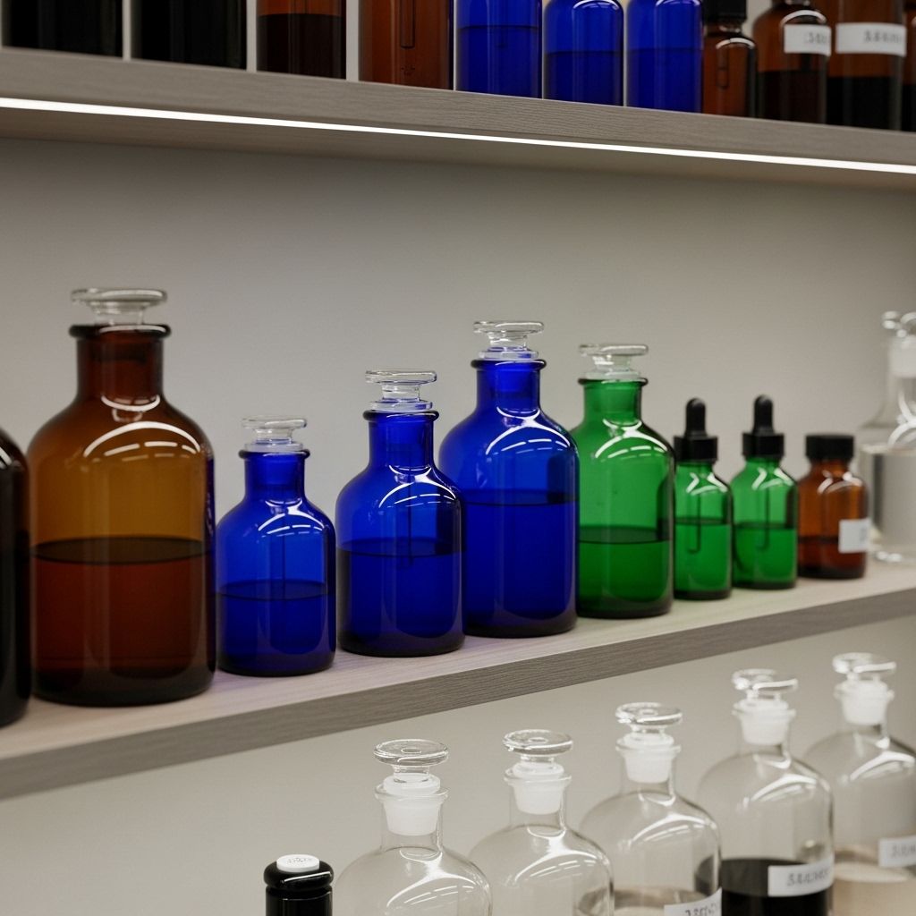 Siisti laboratoriohylly, jossa on erivärisiä lasipurkkeja ja -pulloja neutraalissa valaistuksessa, symboloi ihonhoitotuotteiden tieteellistä formulointia ja luokittelua